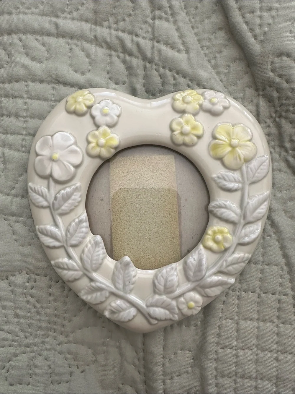 Ceramic Heart Photo Frame with Yellow Floral Accents Holds 2 x 2 Photo